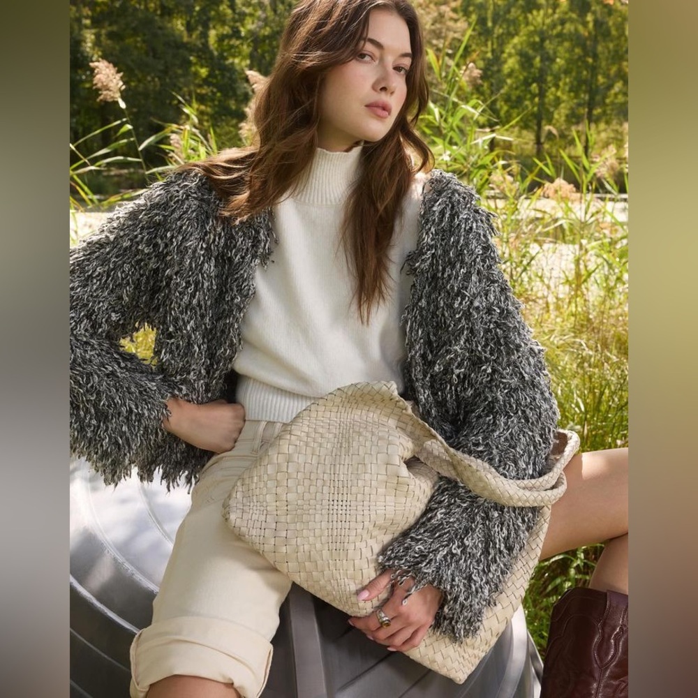 NWT Sam Edelman Baelynn Shaggy Gray White Cardigan Sweater Sz XS